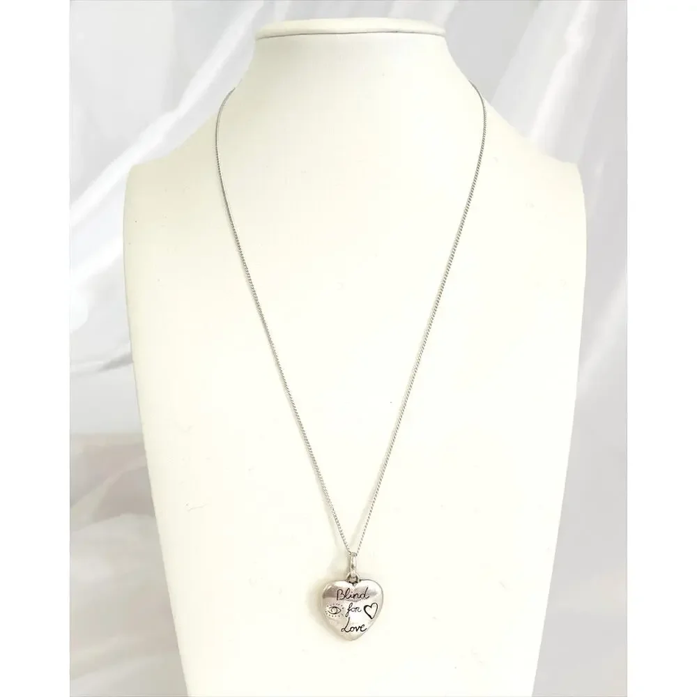GUCCI 925 Sterling Silver Heart Necklace Pendant Floral & Bird Blind For Love